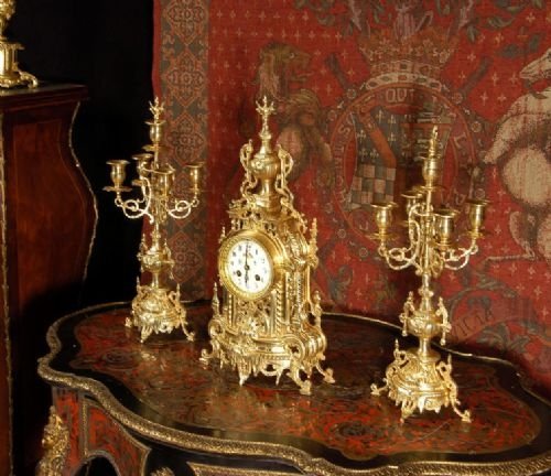 **** Sold ****  Small Antique French Gilt Brass Clock Set